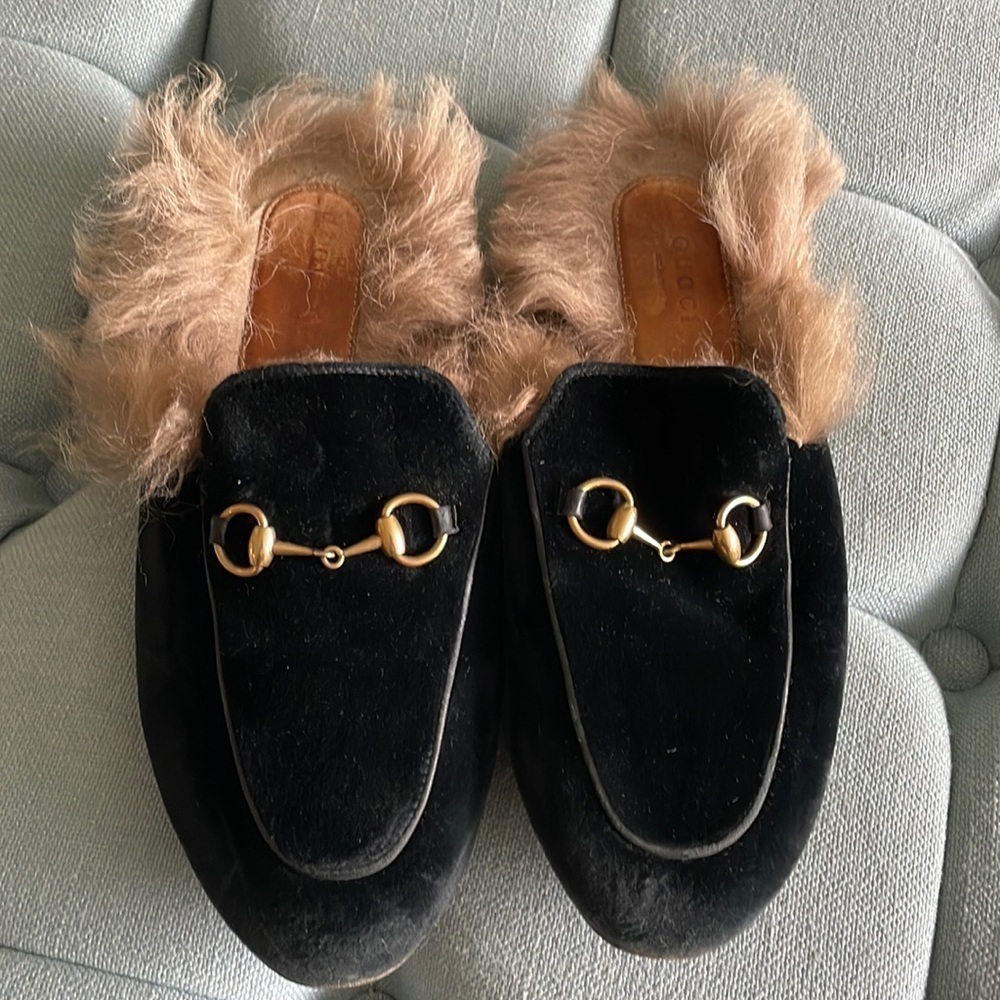 Gucci Princetown Velvet Fur Mules